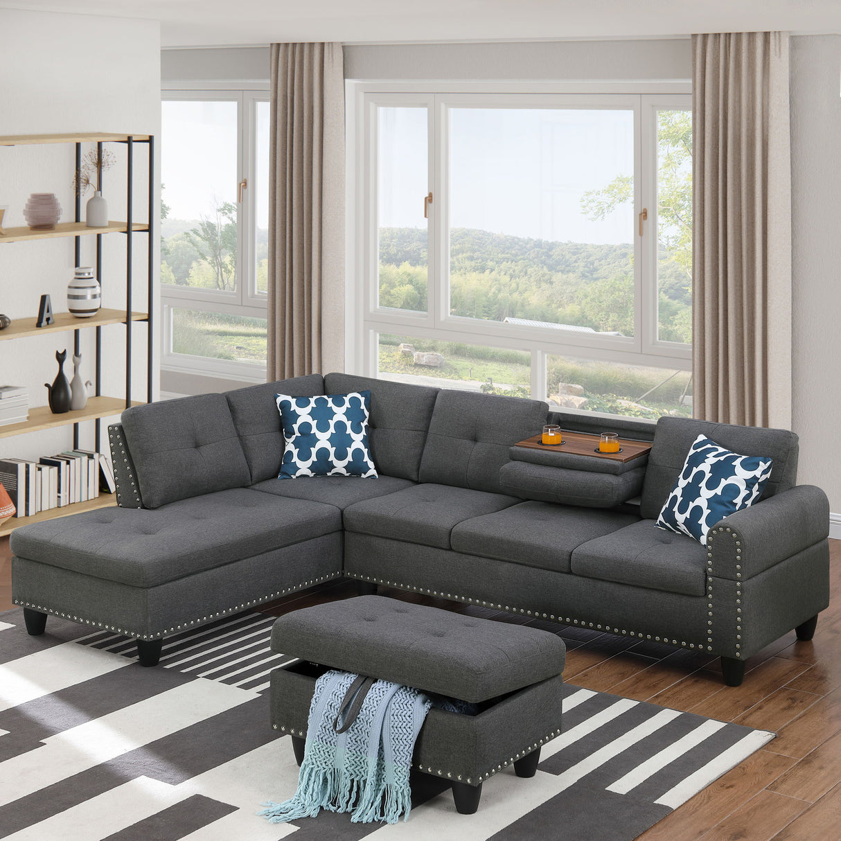 Alger - Left Hand Facing Sofa & Chaise With Ottoman - Dark Gray
