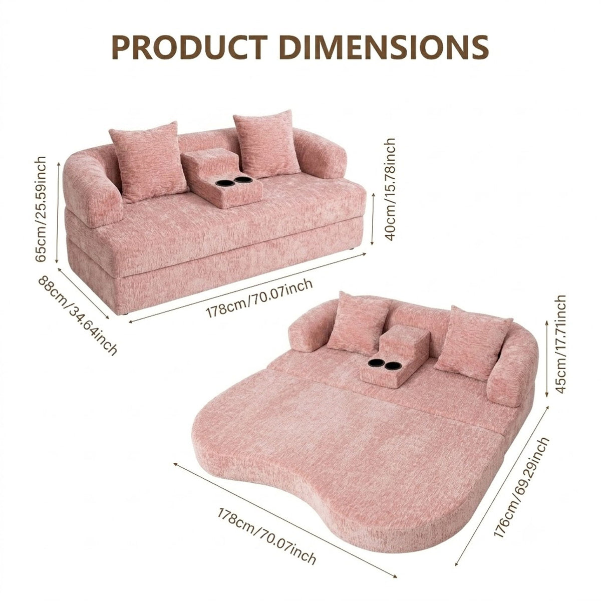 2 In 1 Convertible Sleeper Sofa Bed With Cup Holders