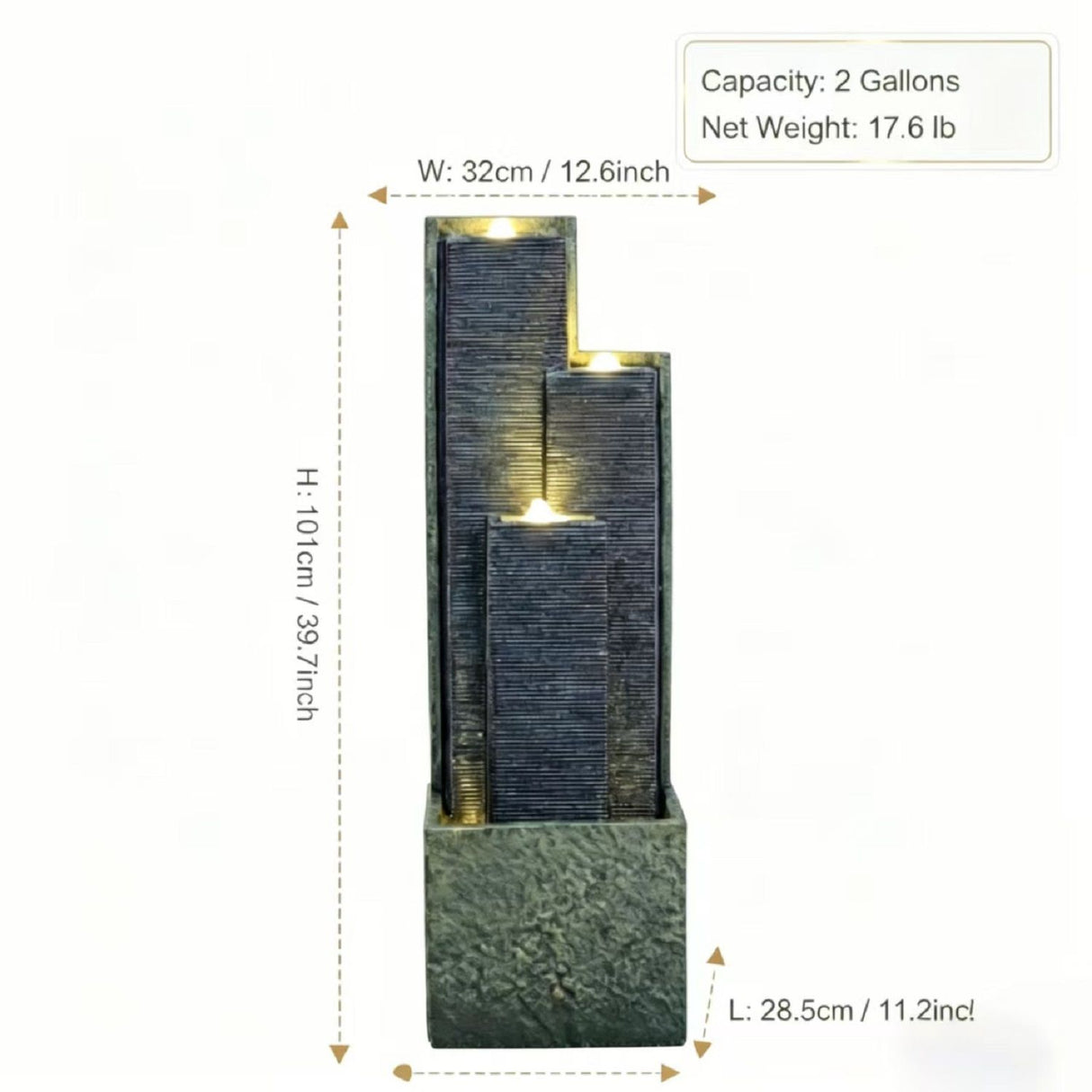 3 Tier Waterfall Fountain With LED Lights - Gray