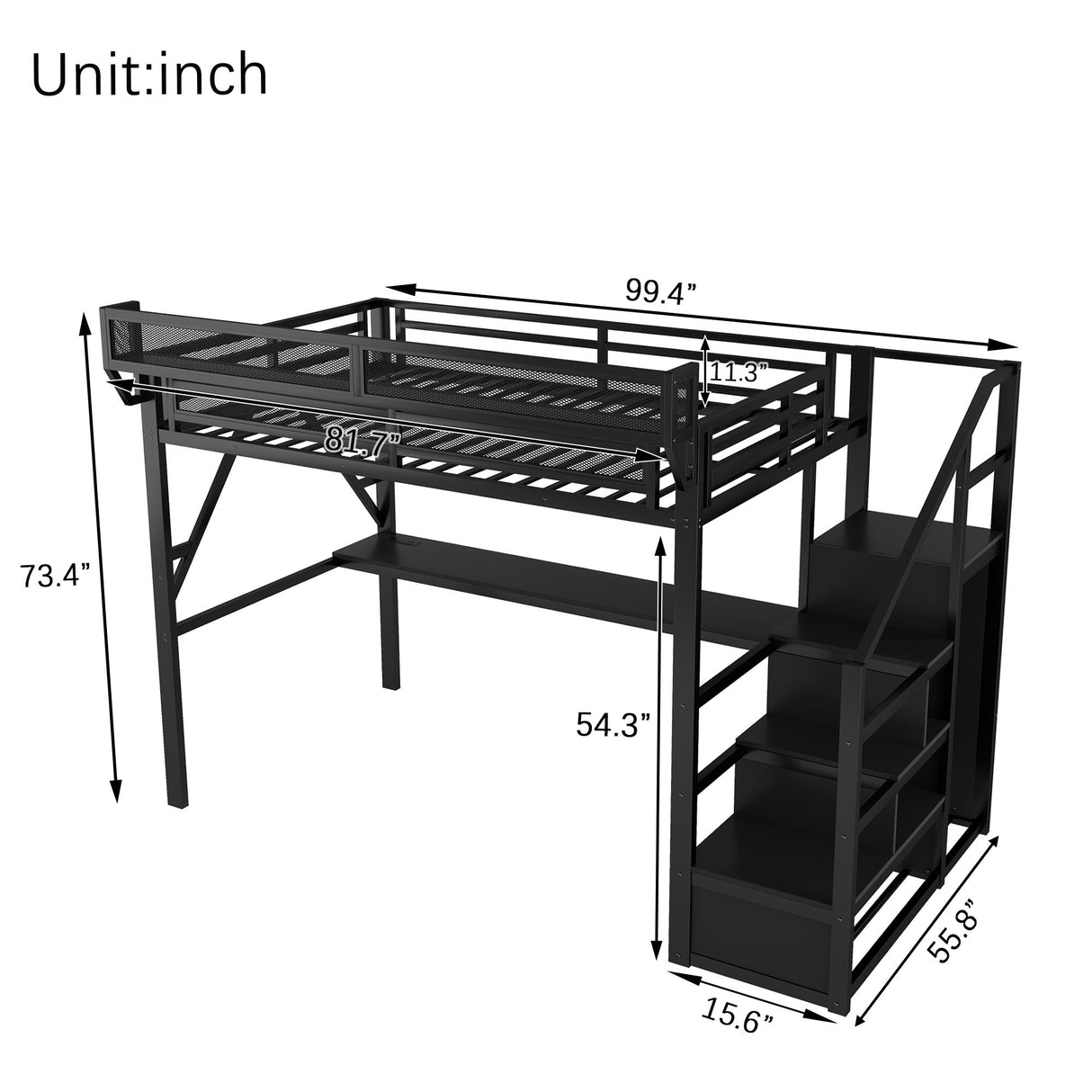 Full Loft Bed With Desk And Charging Station Stairs And Light - Black