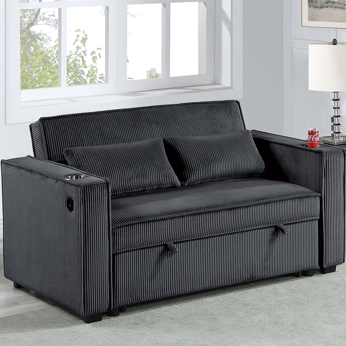 Convertible Sofa With Pull Out Bed, USB Ports & Cup Holders, Matching Pillows - Black