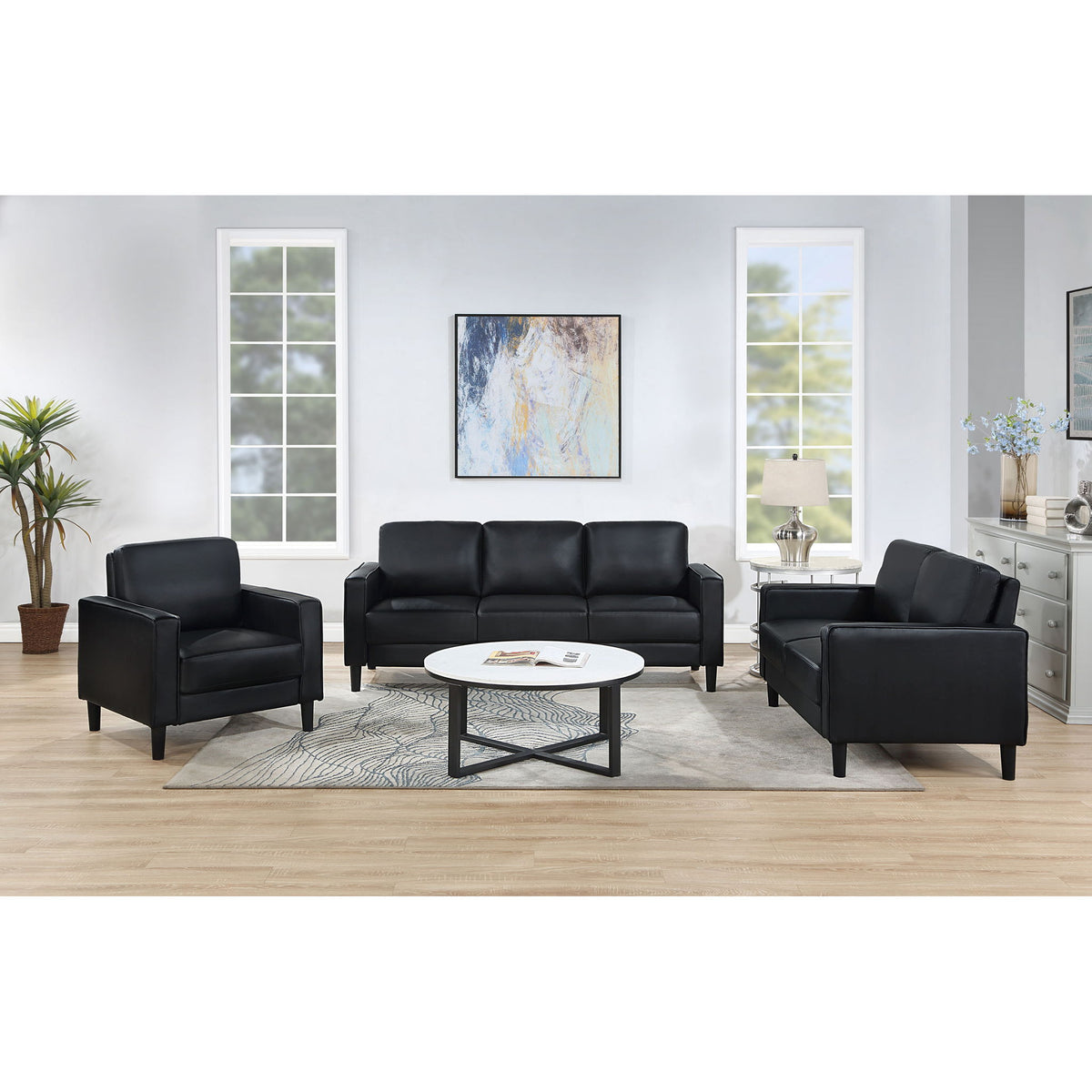 Weld 3 Piece Upholstered Track Arm Sofa Set - Black