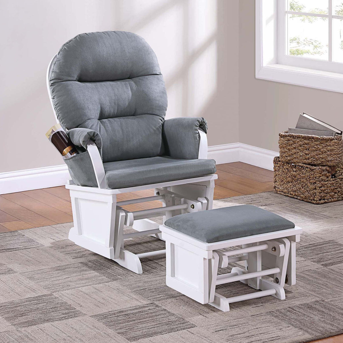 Glider Chair With Ottoman, Gliding Motion Chair Plush Cushion Seat Side Pocket - Dark Gray