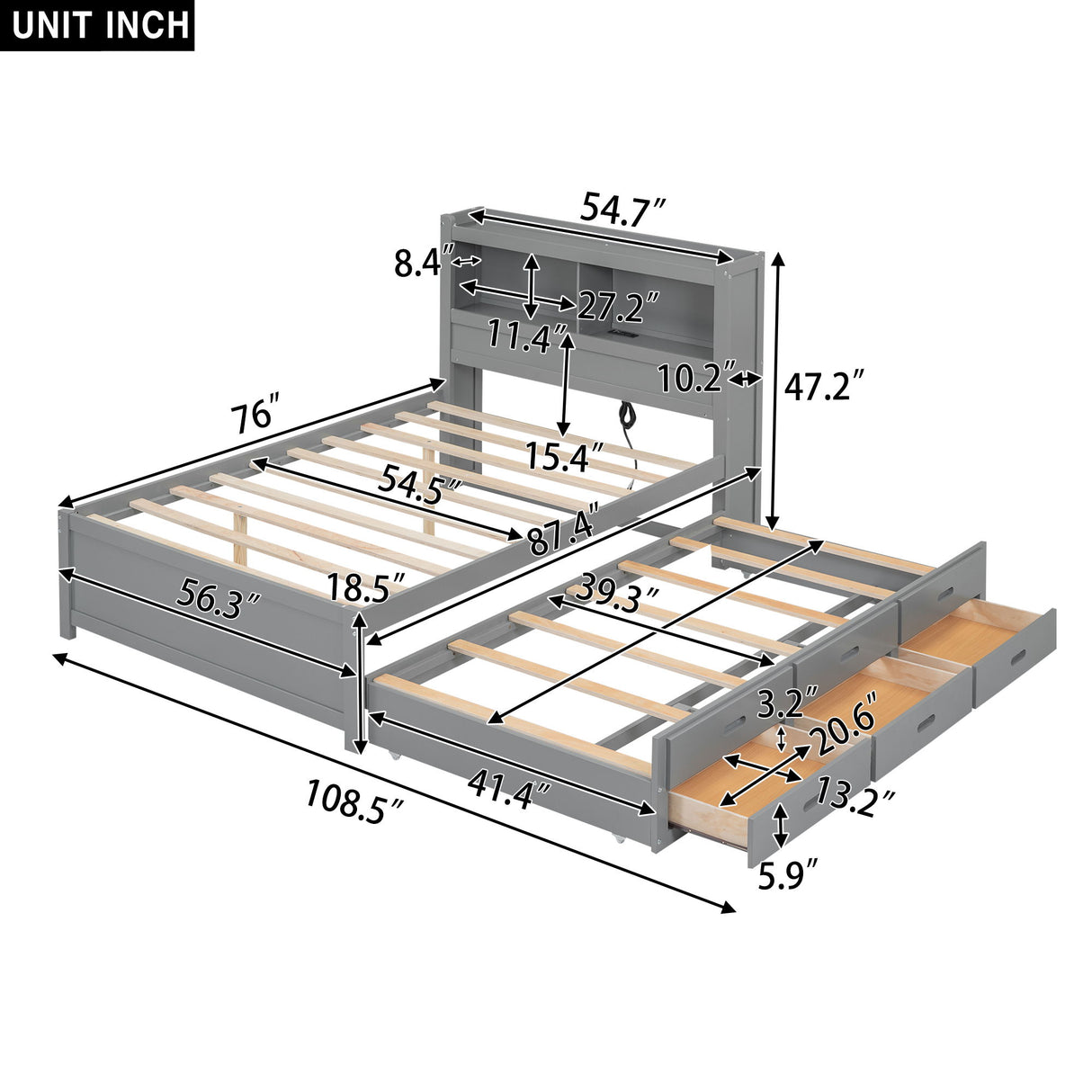 Platform Bed With Trundle, Drawers, USB Ports And Built In Shelves