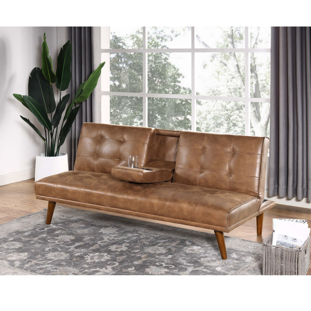 Tufted Convertible Sofa With Cup Holders - Brown