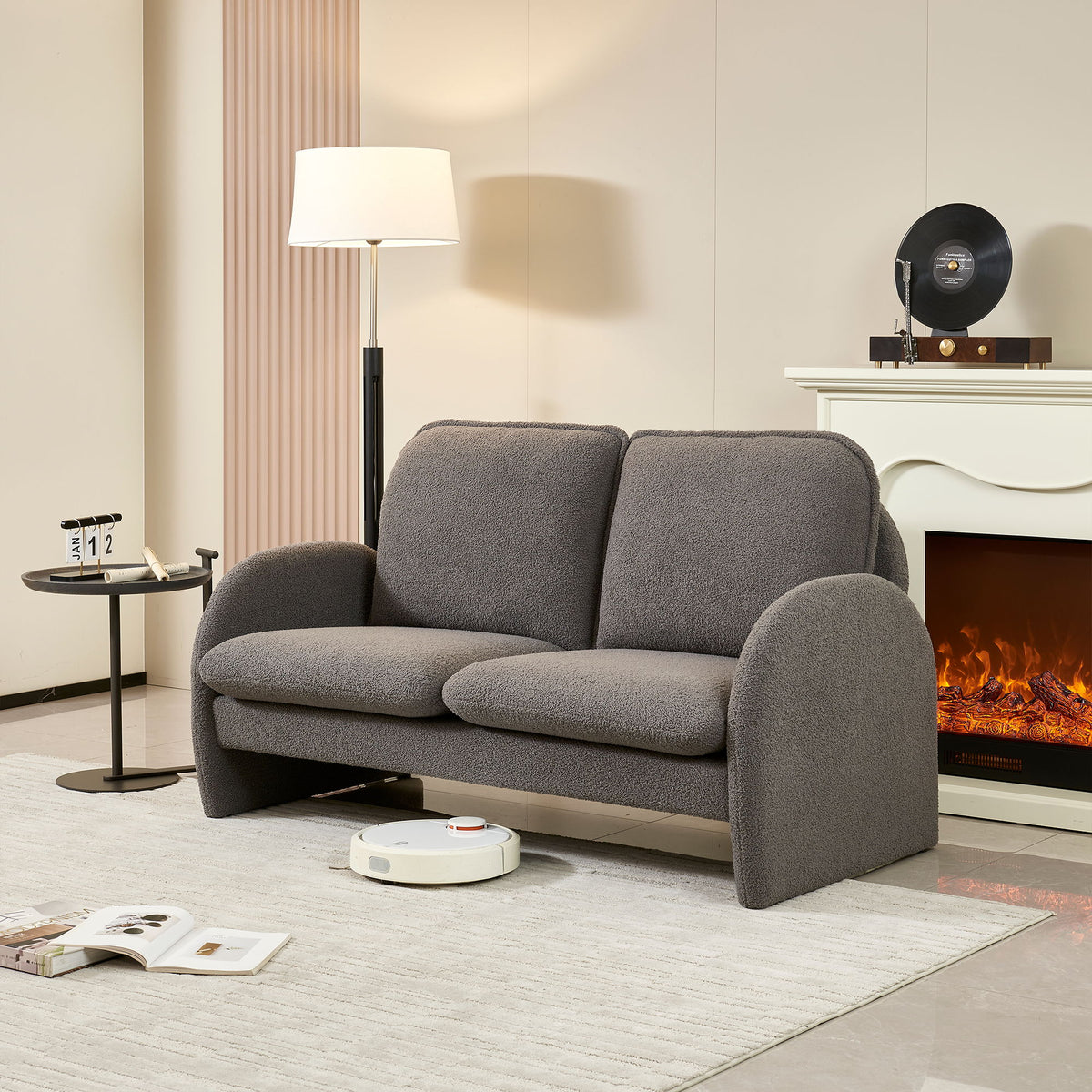 Loveseat Sofa Small Couch For Living Room, Sherpa Fabric Upholstered Loveseat Sofa Couch, Small Loveseat Sofa For Apartment, Bedroom - Gray