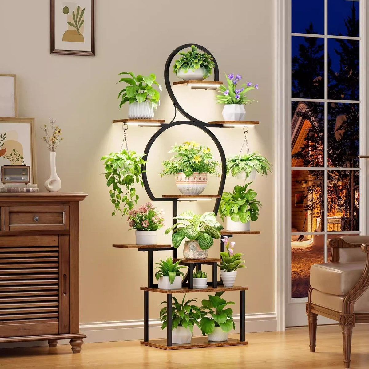 Plant Stand Indoor With Grow Light, 9 Tiered 63" Tall Indoor Plant Shelves For Multiple Plants - Walnut / Black