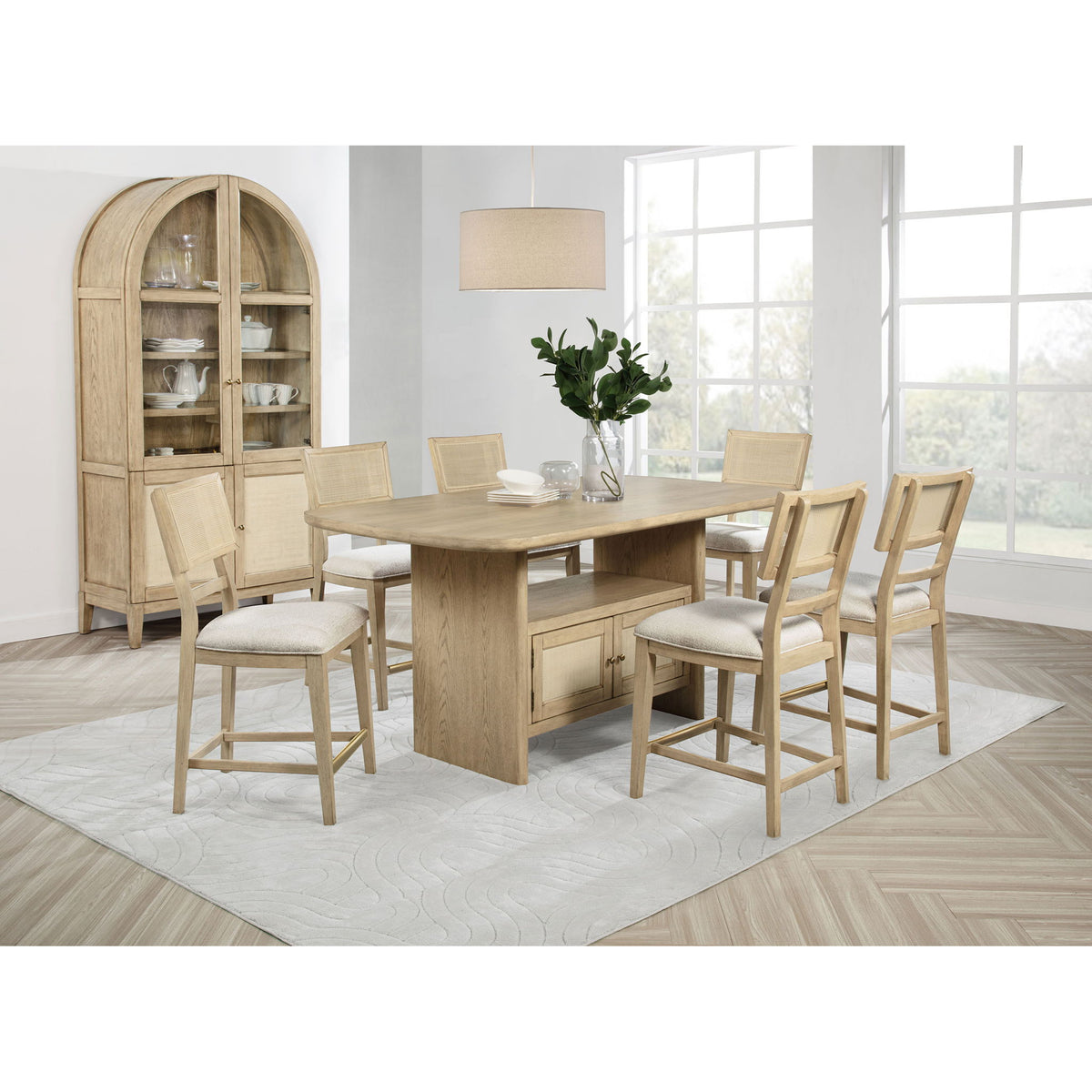 Kimpton - 8 Piece Counter Dining Set With Cabinet & Design, Includes Table, Chairs And Display Cabinet - Oak