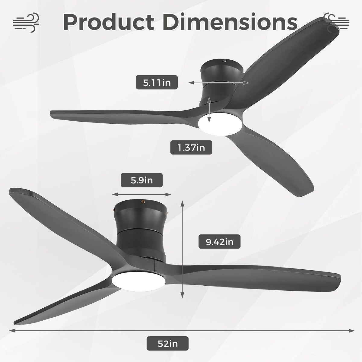 52" Ceiling Fan With Light, Dimmable DC Reversible Motor, 3 Blades