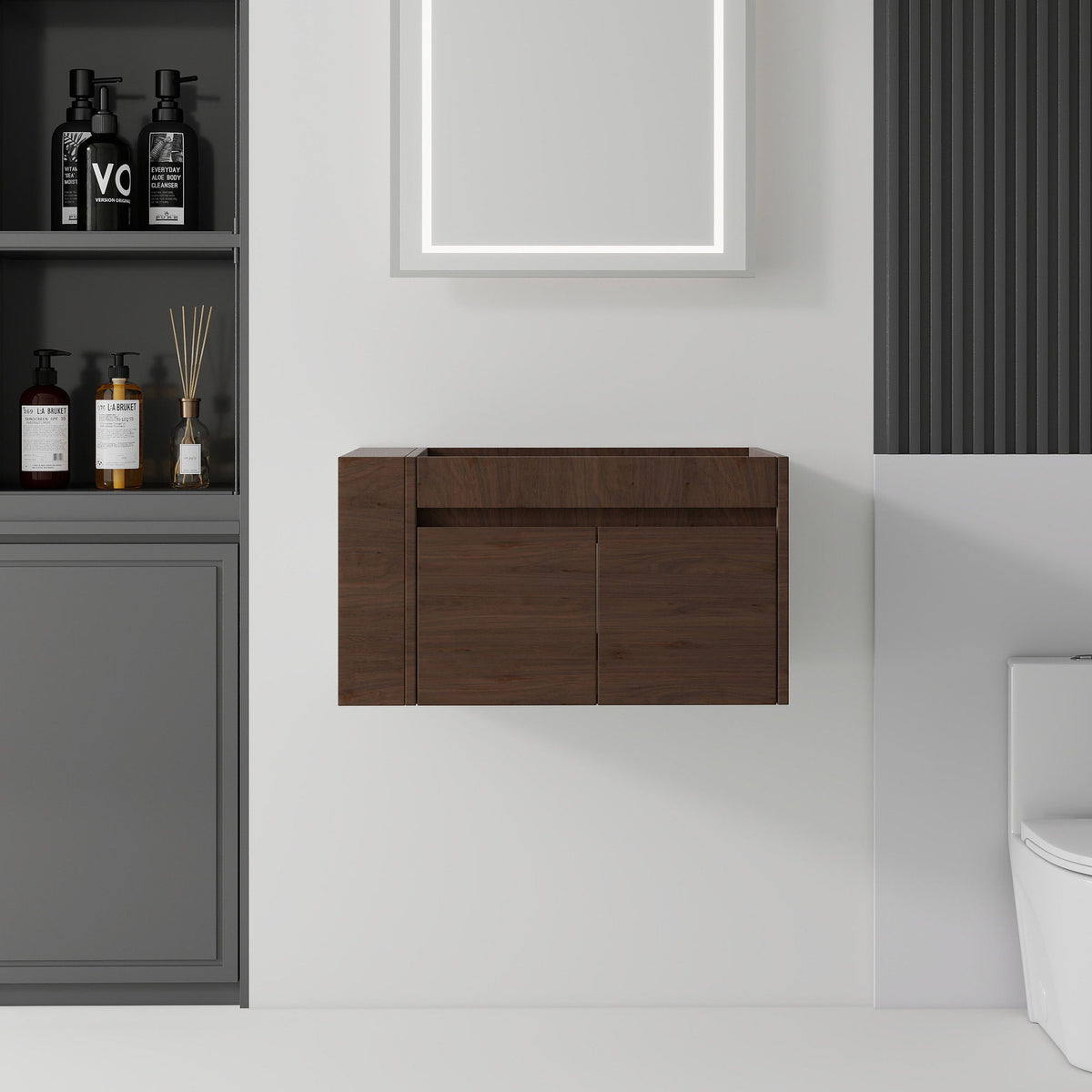 Floating Bathroom Vanity Cabinet, Soft Close Double Drawers, Open Side Storage, Wall Mounted, Cabinet Only