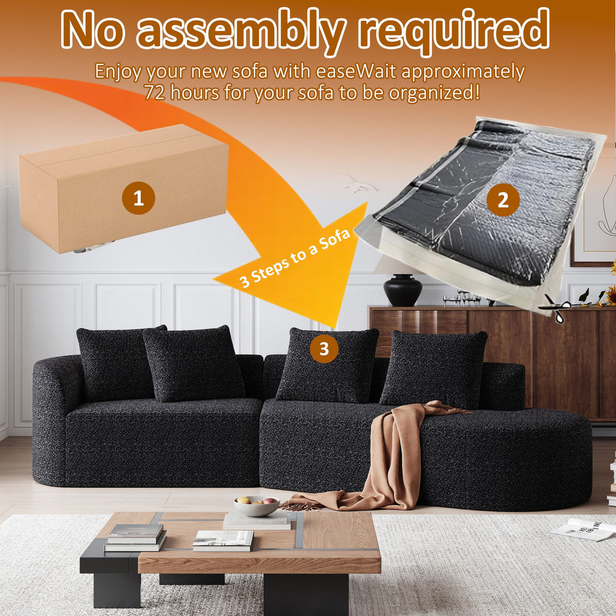 Upholstered Oversized Sectional Sofa, 4 Seater Extra Deep & Wide Curved Cloud Couch With 4 Throw Pillows For Living Room - Black