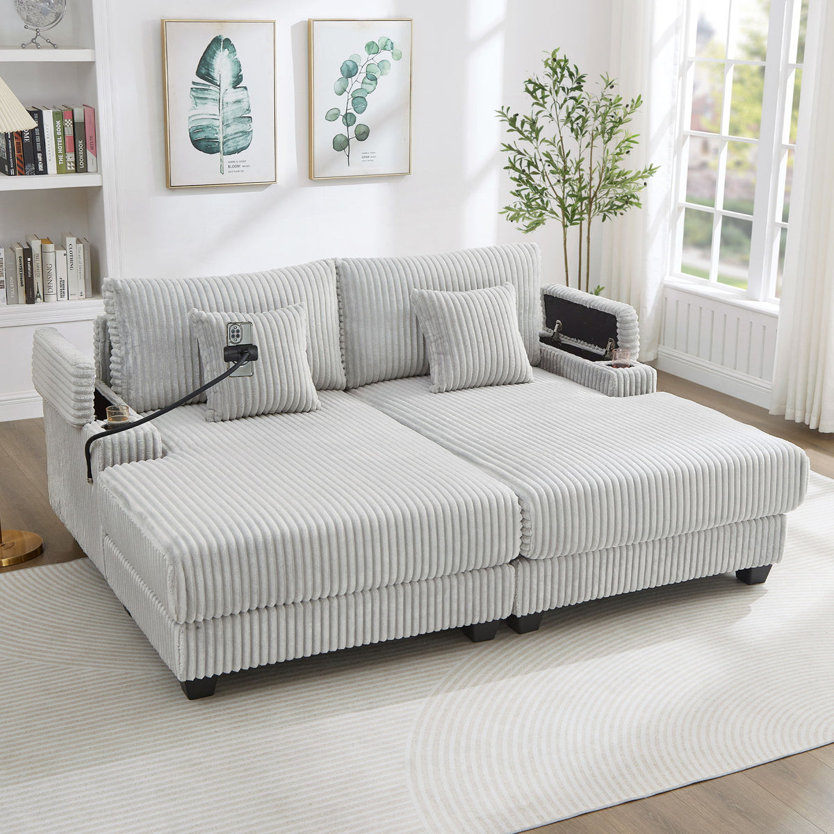 Chaise Sofa With Adjustable Backrest, Cup Holders, Phone Holder & Storage Compartments For Living Room - Light Gray