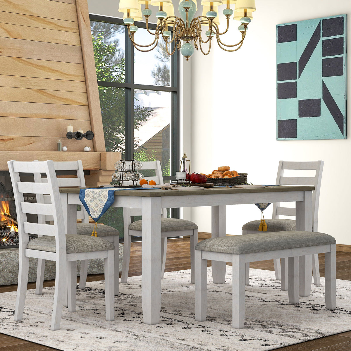 6 Piece Dining Set With 4 Upholstered Chairs & Bench - Brown / Whitewash