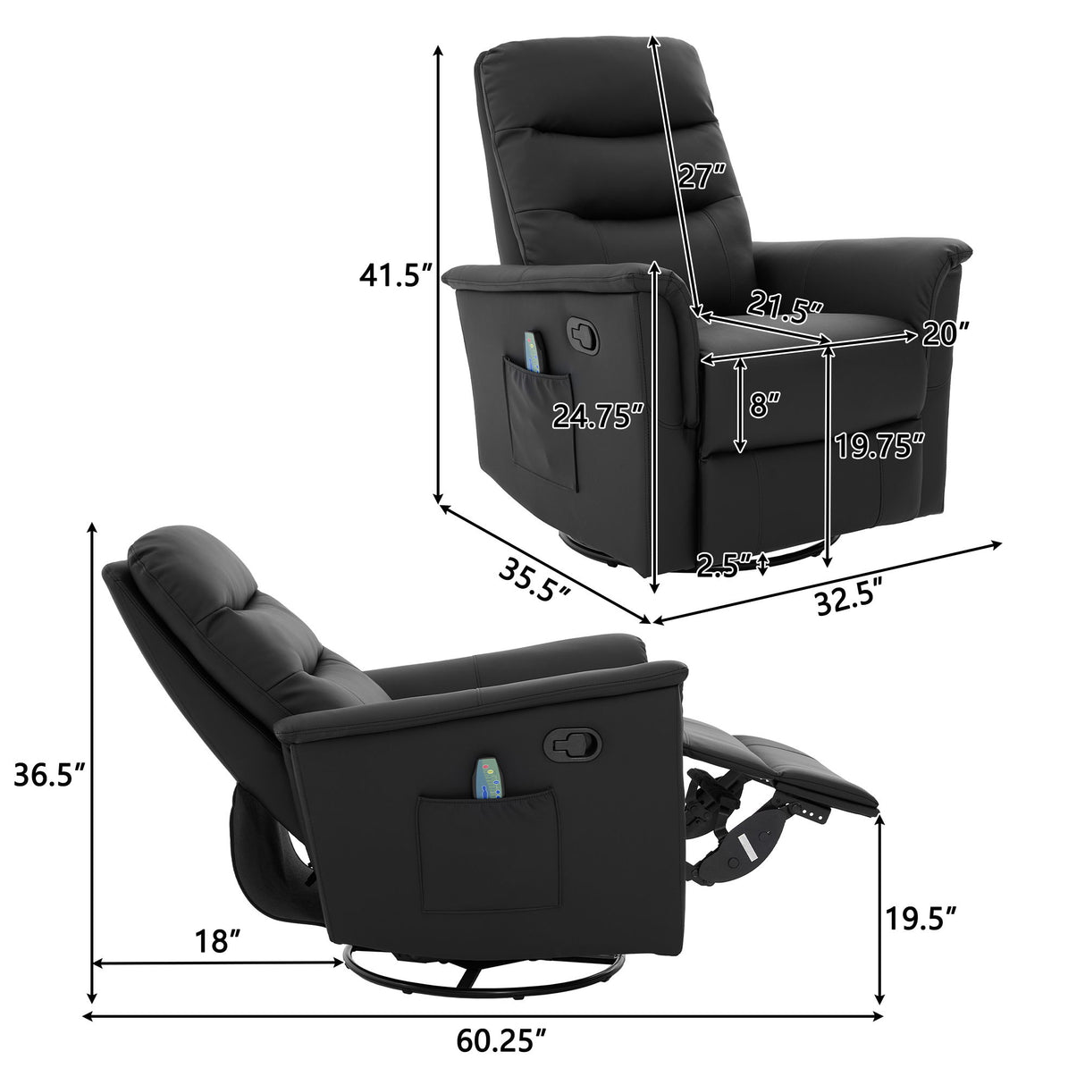 Manual Recliner Chair With 8 Point Massage And Swivel Function For Living Room - Black