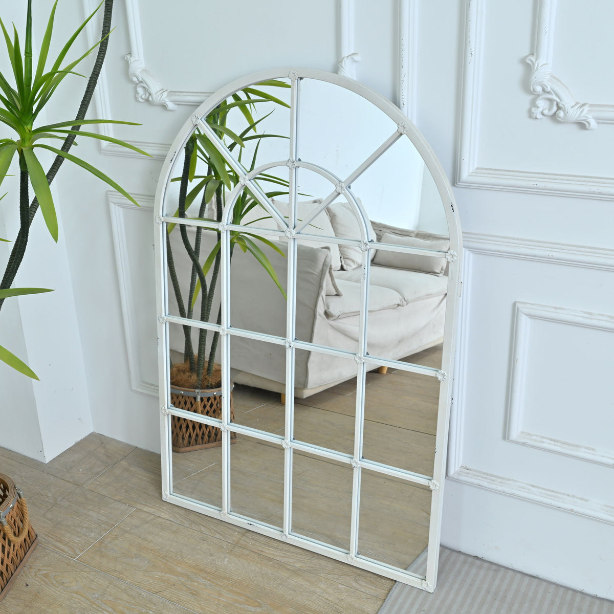 Handmade Arched Mirror, Windows Design For Entryway - White