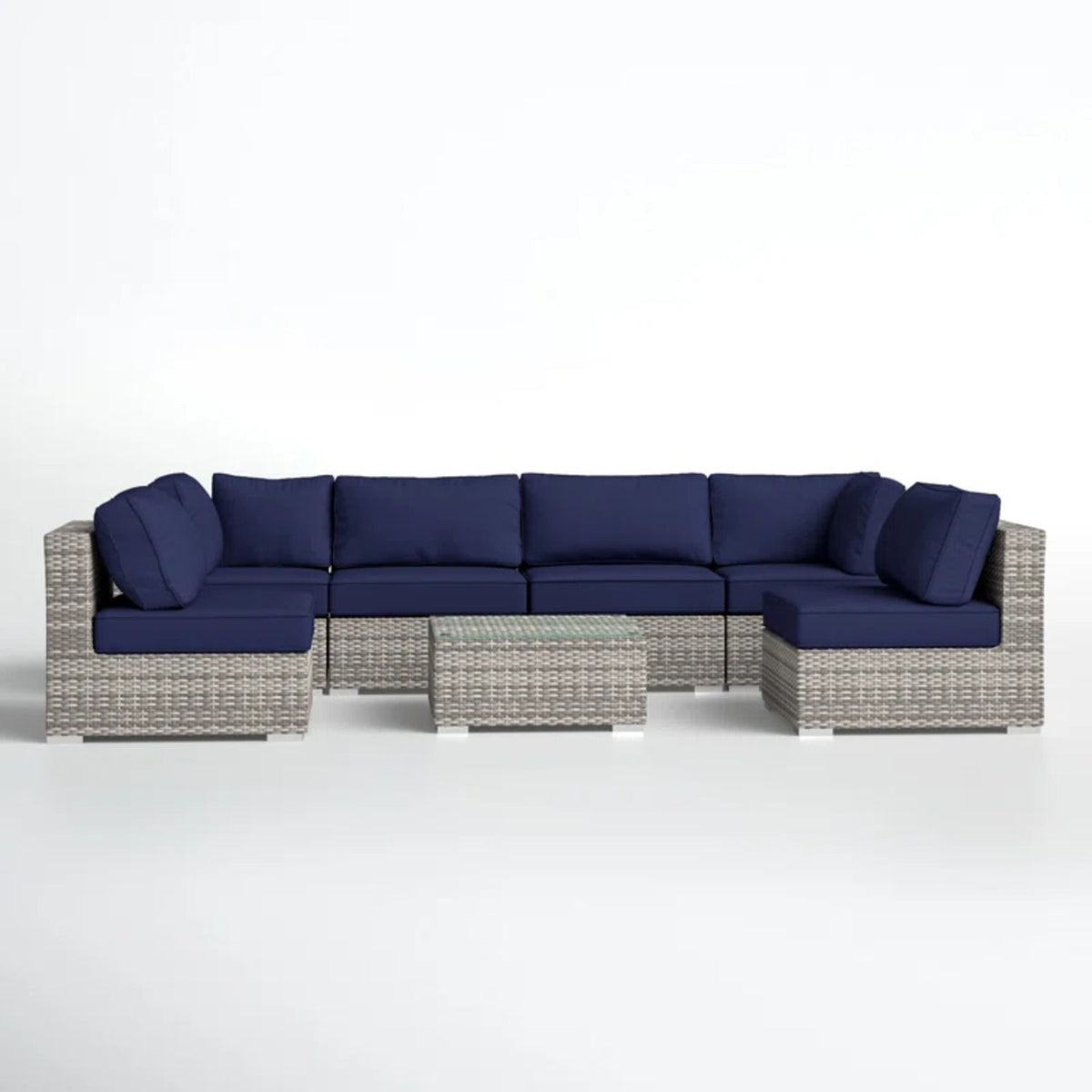 6 Person Patio Set With Premium Cushions And Rattan Wicker Frame - Dark Blue / Gray Mix