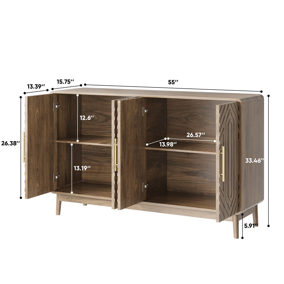 Modern Carved 4 Door Sideboard Buffet Cabinet With Storage, Adjustable Layer Board - Walnut