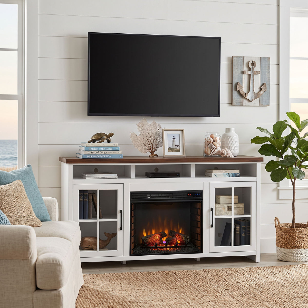 Fireplace TV Stand Console & Fixed Shelves