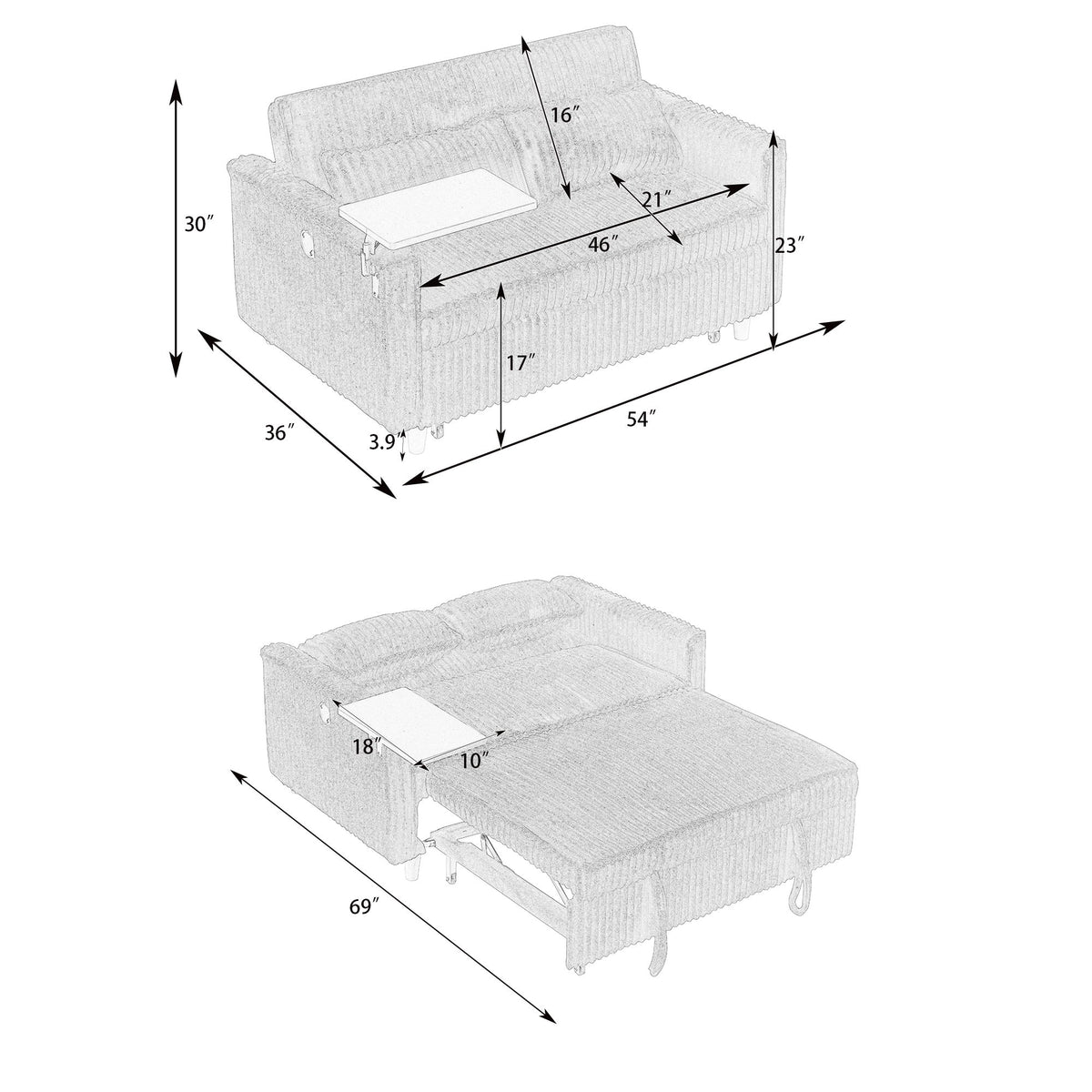 Pull Out Sofa With Movable Tabletop And USB Ports - Green