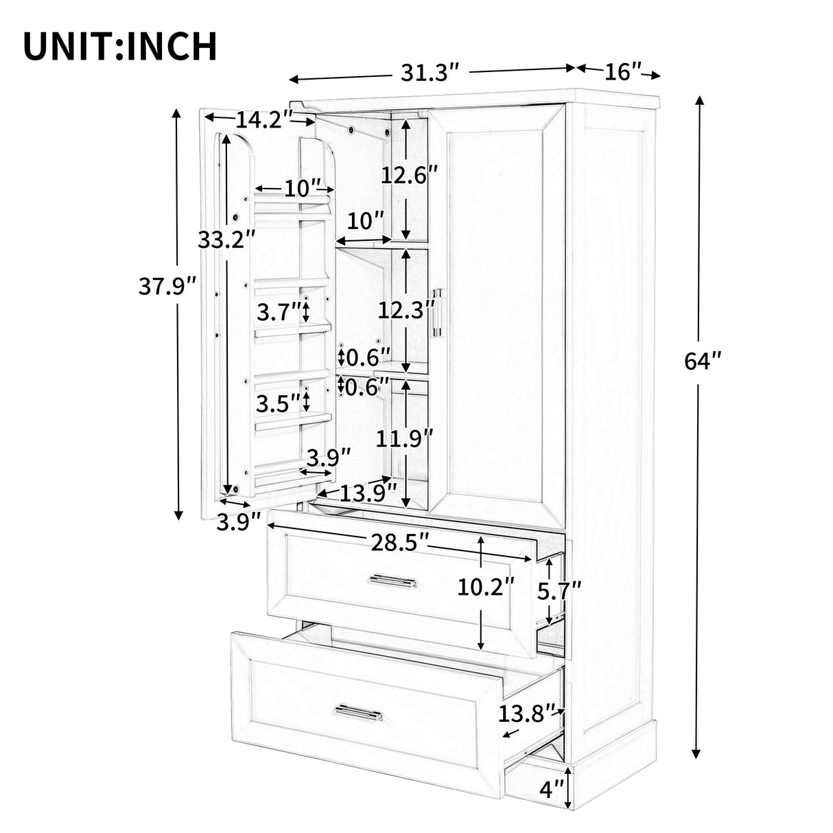 Tall Bathroom Storage Cabinet & 2 Doors And Drawers, Adjustable Shelf - White