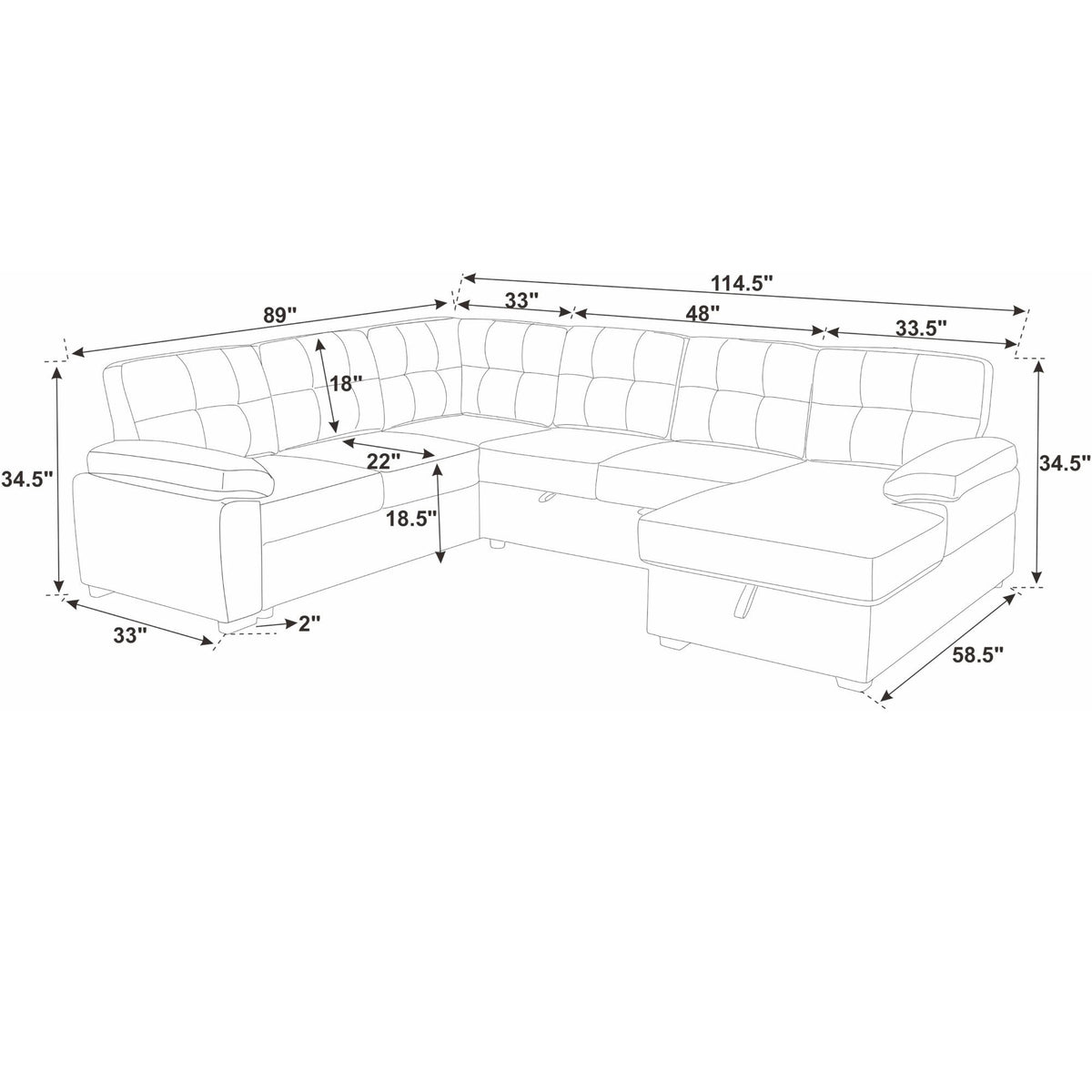 U - Shape Sectional Sleeper Sofa With Storage Chaise