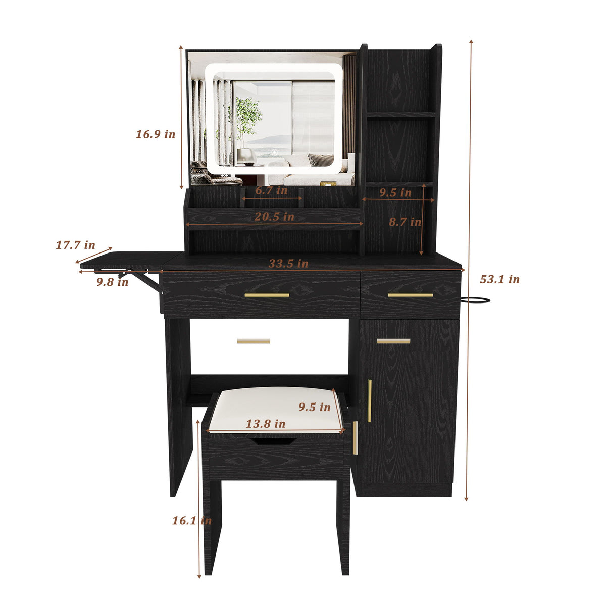 Vanity Desk With LED Mirror Lights And Charging Outlet