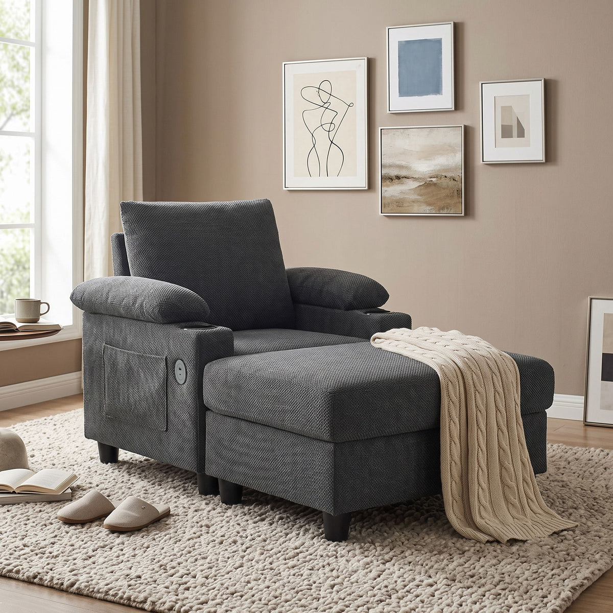 Accent Chair With Storage Ottoman, Reclining Single Chaise Lounge With Cupholders And USB, C Ports