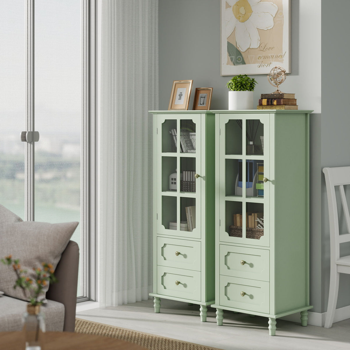 Buffet Cabinet With Doors And Double Drawer, Storage Sideboard Cupboard For Dining Room - Mint Green