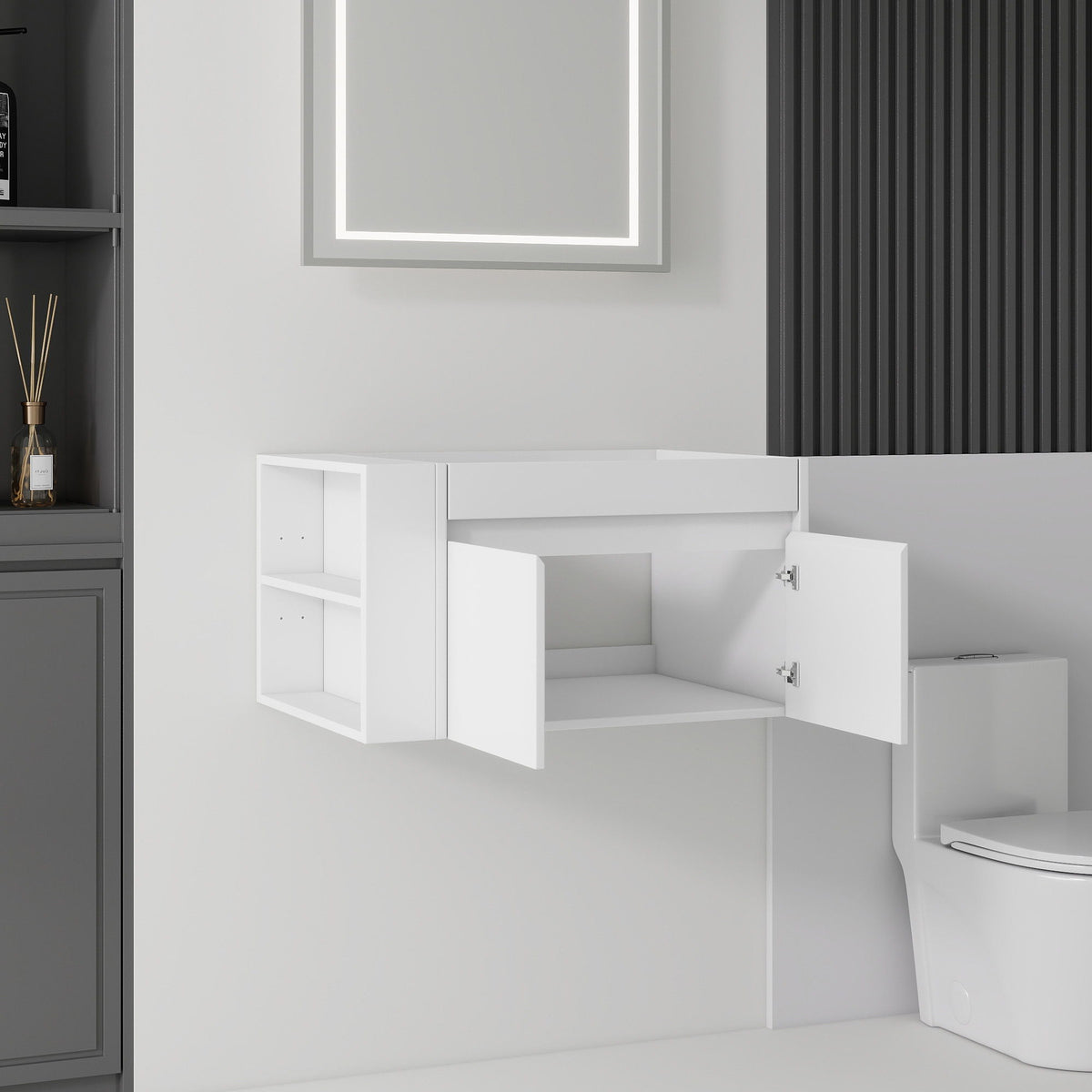 Floating Bathroom Vanity Cabinet, Soft Close Double Drawers, Open Side Storage, Wall Mounted, Cabinet Only