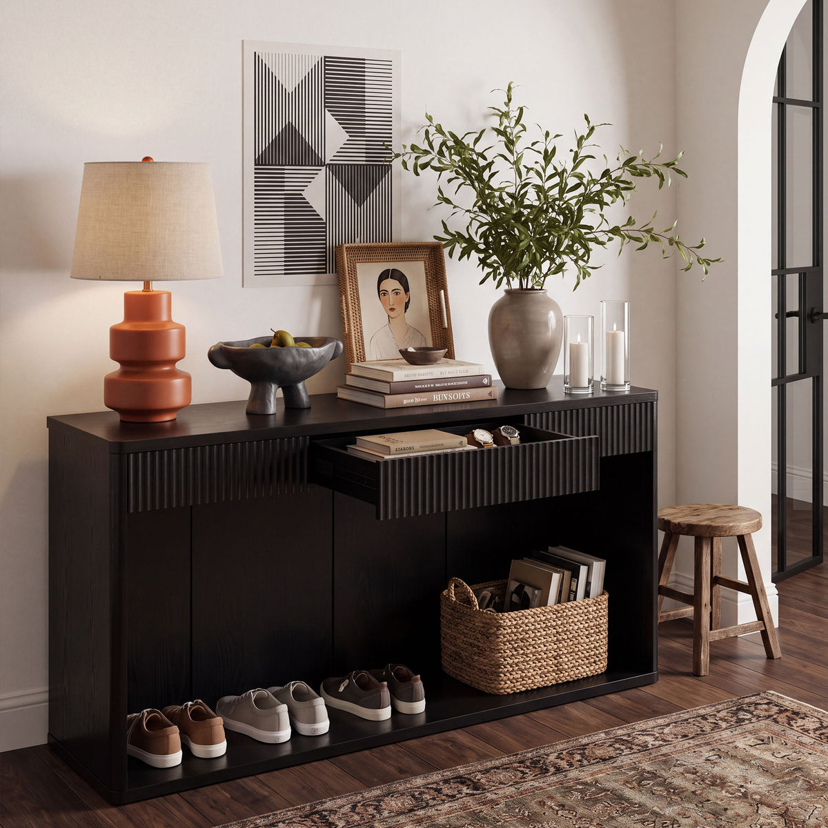 Fluted Console Table With 3 Drawers, Long Sofa Table Behind Couch For Living Room