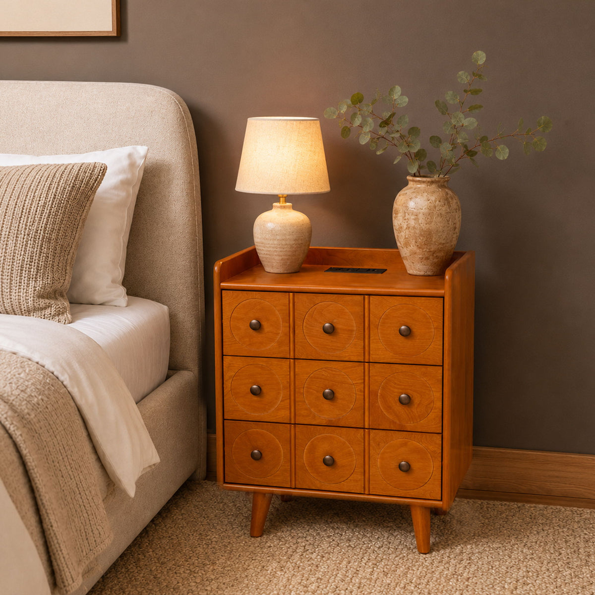 3 Drawer End Table With Charging Station For Bedroom - Natural Wood