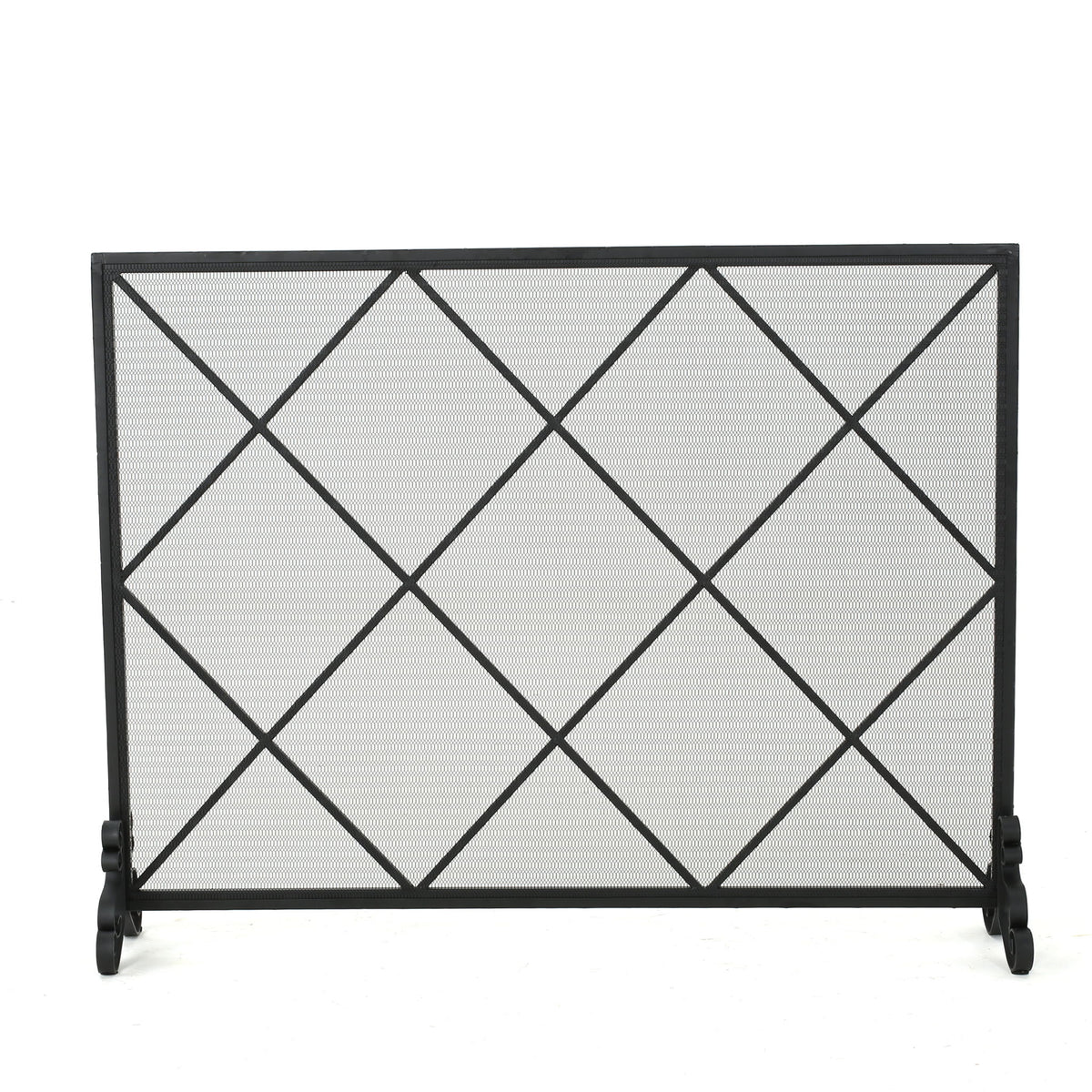 Minimalist Single Panel Iron Fireplace Screen With Diamond Design - Black