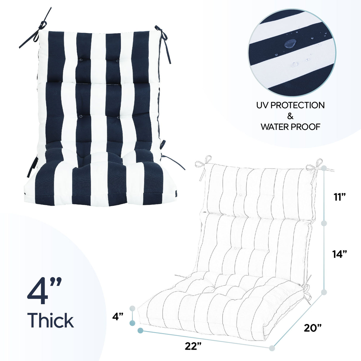 2 Piece High Back Patio Chair Cushion Set, Tufted Adirondack And Rocking Chair Cushions