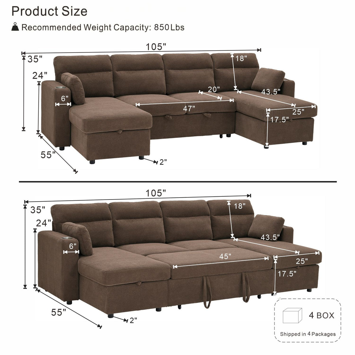 Convertible Sectional Sofa With Storage Chaise, Cup Holders And Pull Out Sleeper