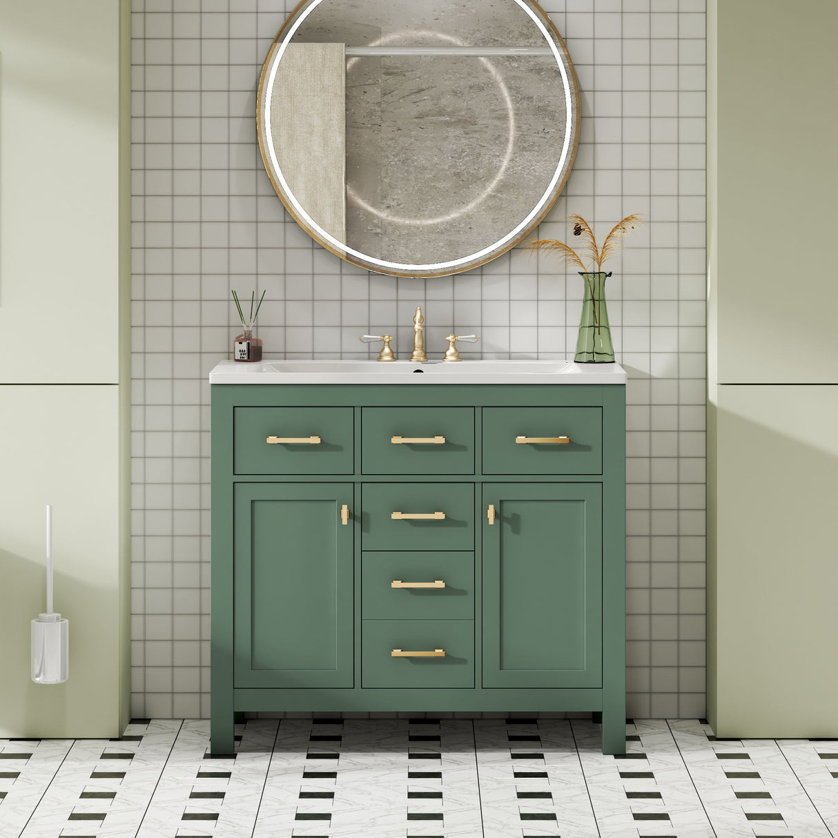 Freestanding Bathroom Vanity With 4 Drawers & 2 Cabinets, Frame Storage Cabinet Only