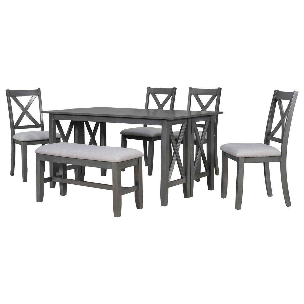 Foldable Dining Set For 6 With 4 Chairs And Bench, Space Saving Design - Gray