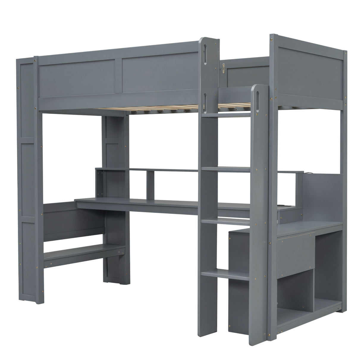 Gaming Loft Bed With Desk, Multi Storage Shelves, LED And Charging Station