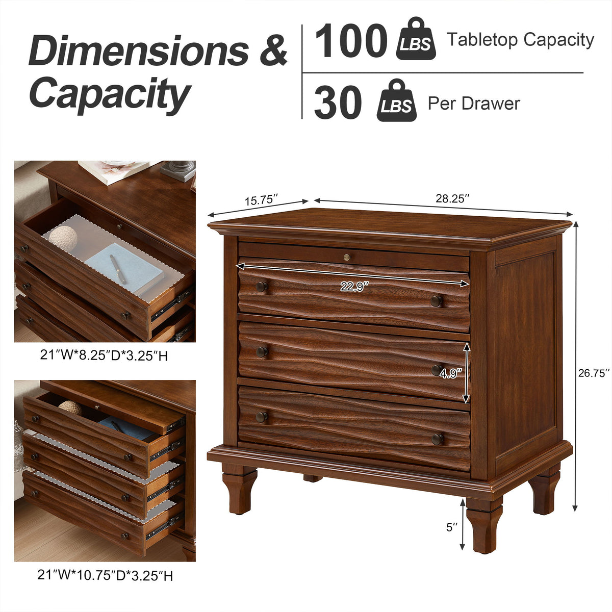 Nightstand With Charging Station, Bedside Table, 3 Drawers, USB And Type - C Ports