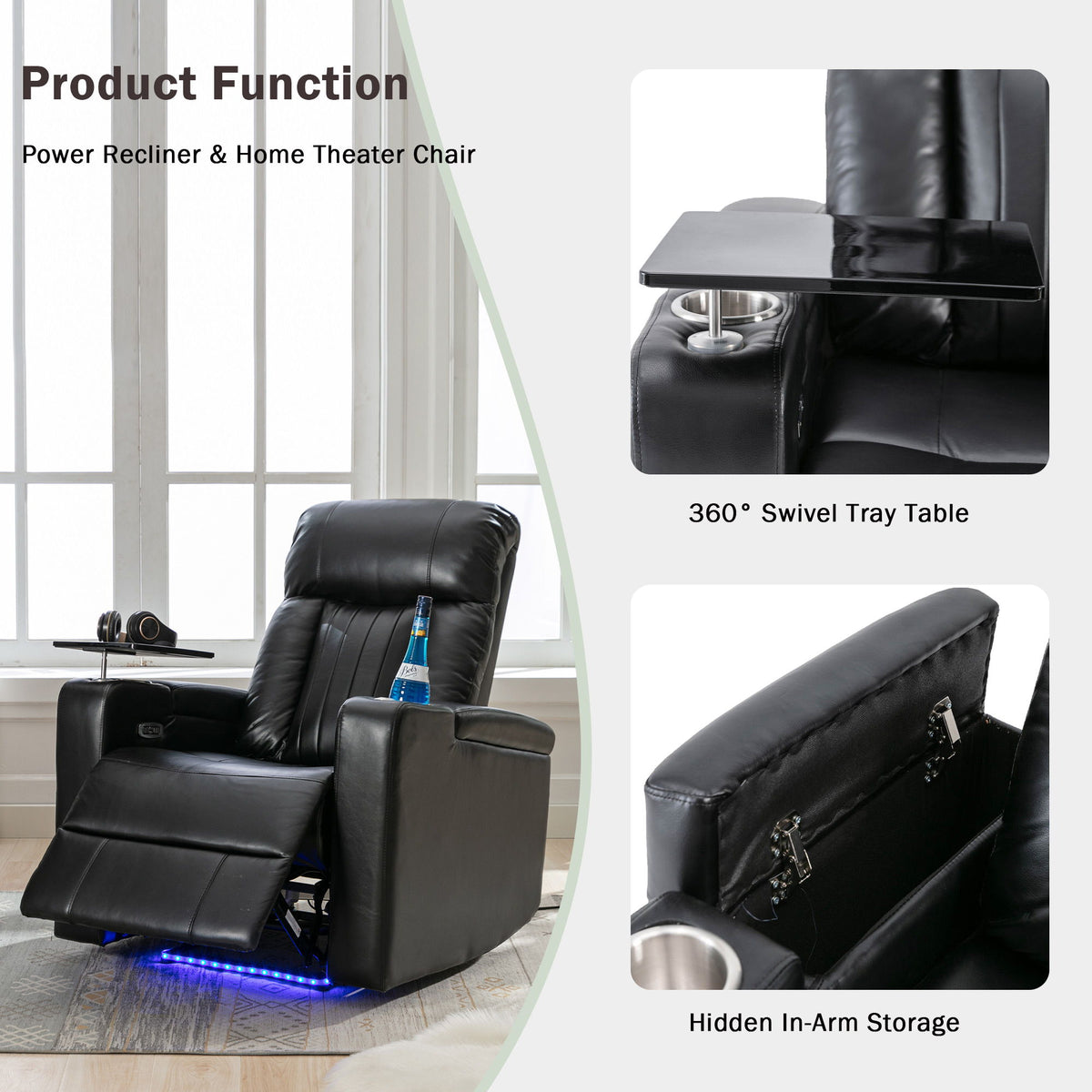 Power Recliner & Storage Arms, Cupholders, Swivel Tray Table And Cell Phone Stand