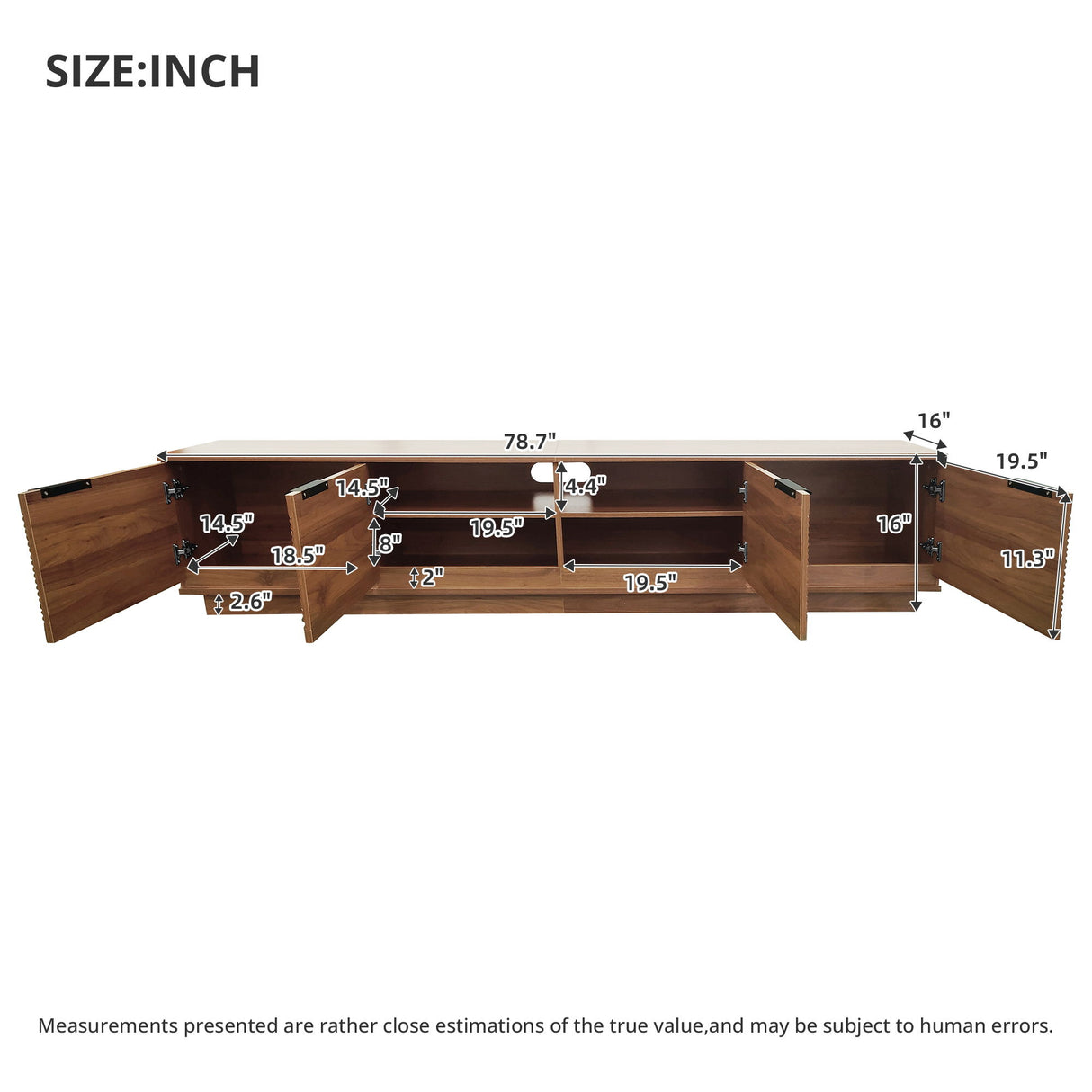 TV Stand, Entertainment Center With Fluted Door & Cable Management, Soft Closing Hinges - Walnut