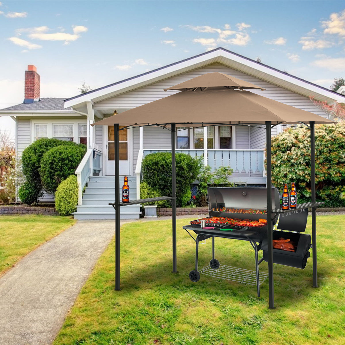 Outdoor Grill Gazebo 8 X 5 Ft With Double Tier Soft Top Canopy, Steel Frame, Bar Counters & Hook Metal - Khaki