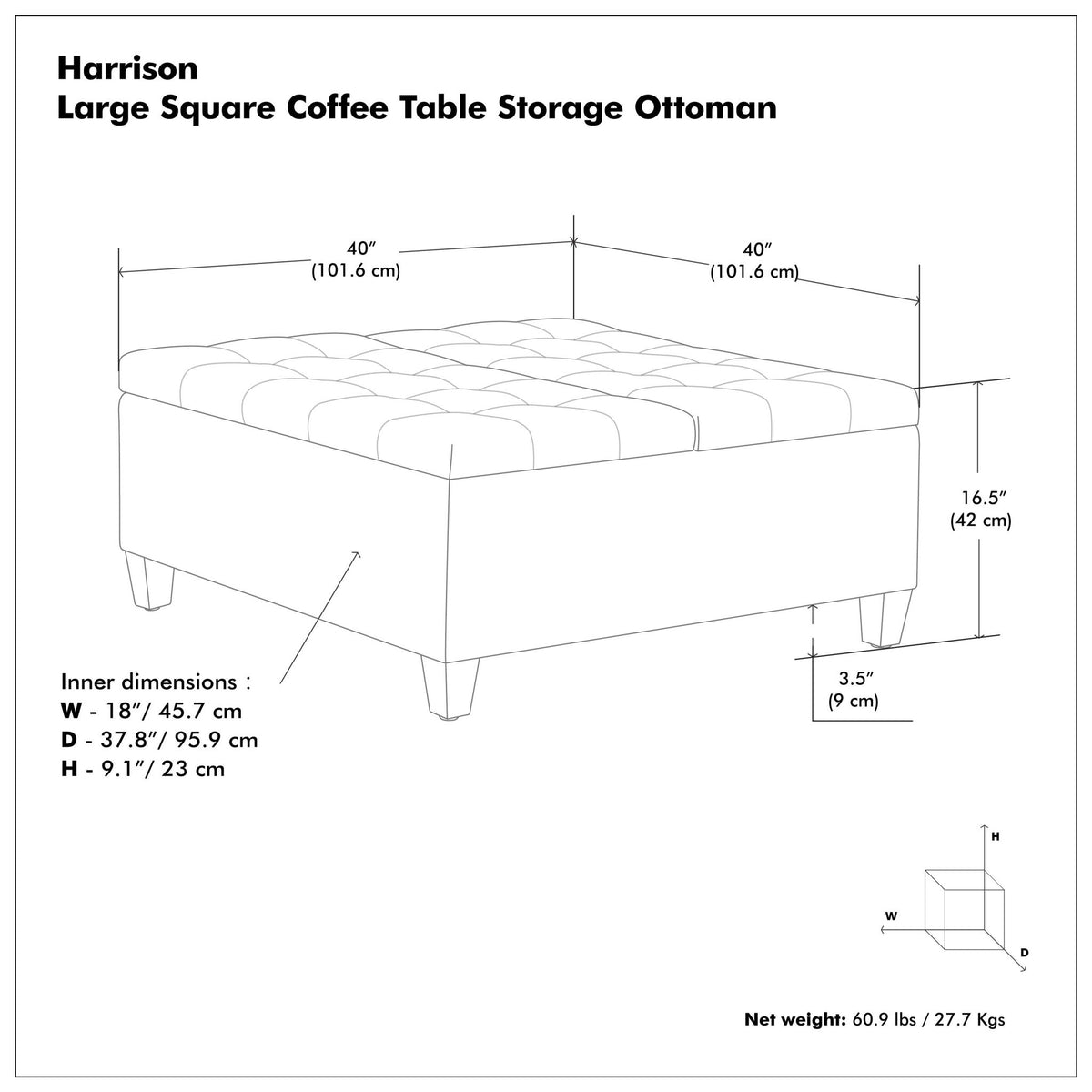 Harrison - Large Square Coffee Table Storage Ottoman - Gray