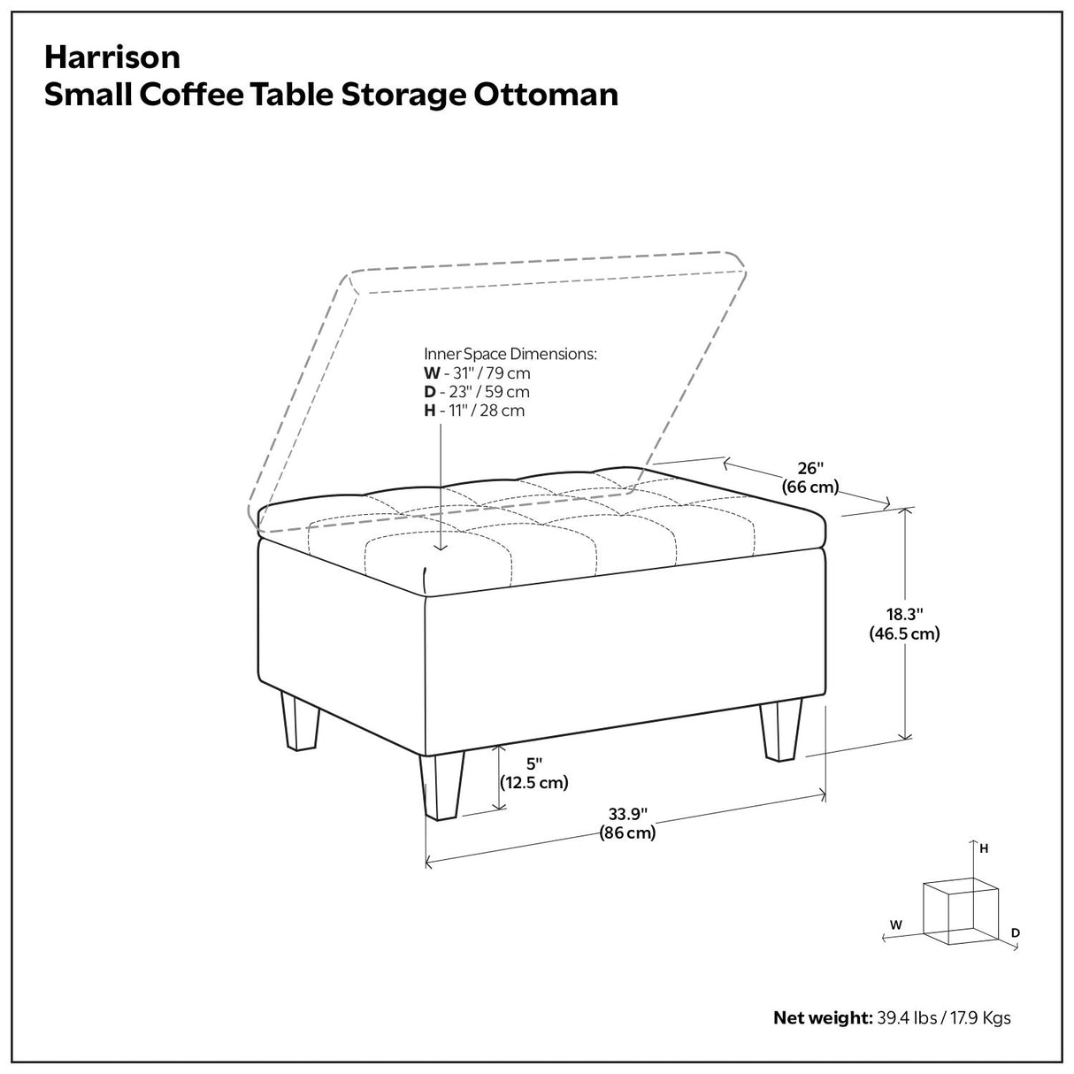 Harrison - Small Coffee Table Storage Ottoman - Dark Gray