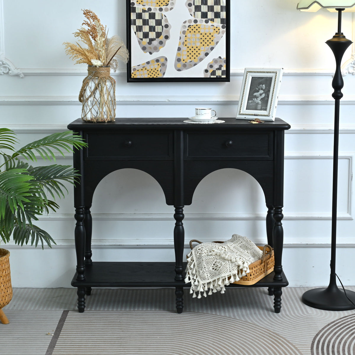 Accent Carved Console Table With Open Shelf And 2 Drawers For Living Room - Black