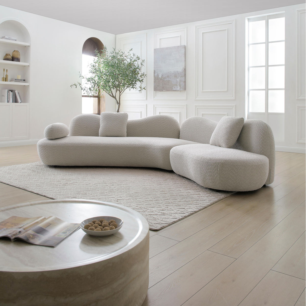 Sofa With Crescent Shape And Butterfly Backrest, Includes 2 Pillows - Beige