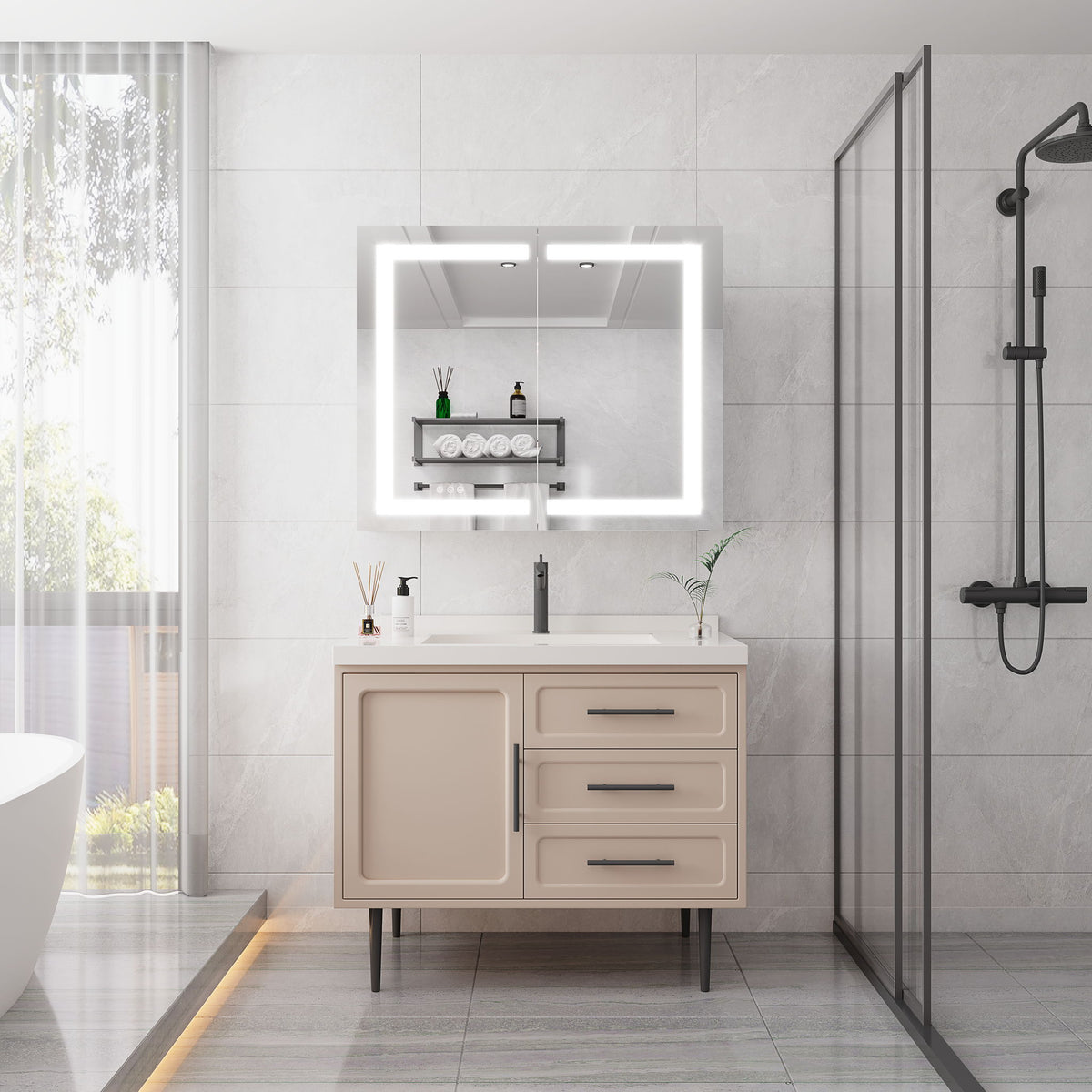 Medicine Cabinet With LED Vanity Mirror, Anti-Fog, Waterproof, Dimmable With Touch Switch