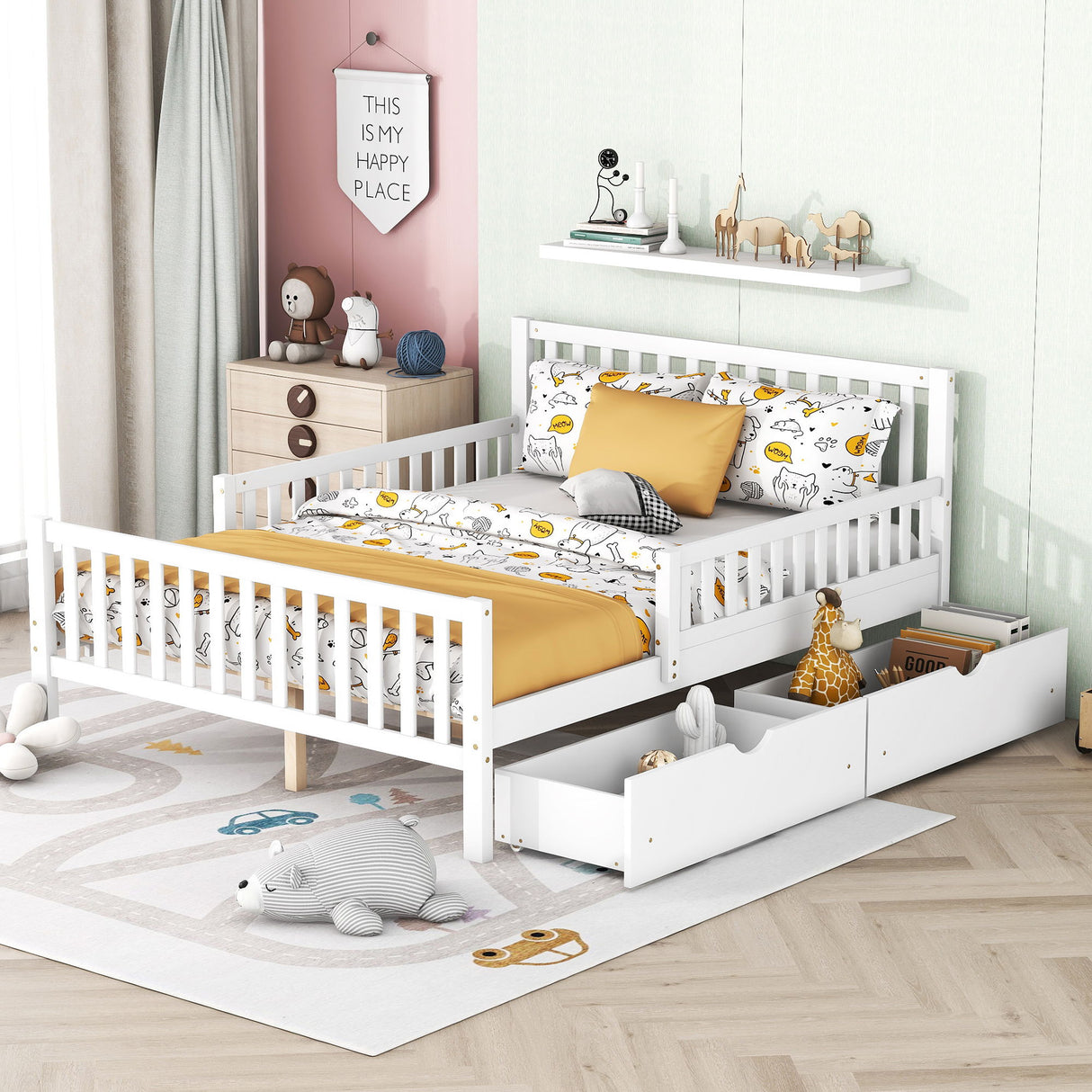 Platform Bed With Guardrails On Both Sides And 2 Storage Drawers