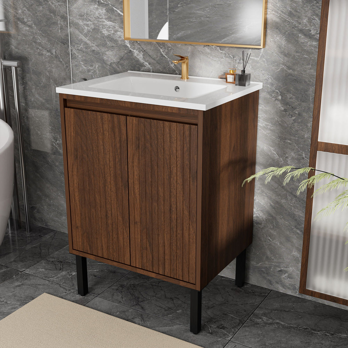 Bathroom Vanity With Ceramic Sink, Floor-Standing Design, Soft-Closing Drawers