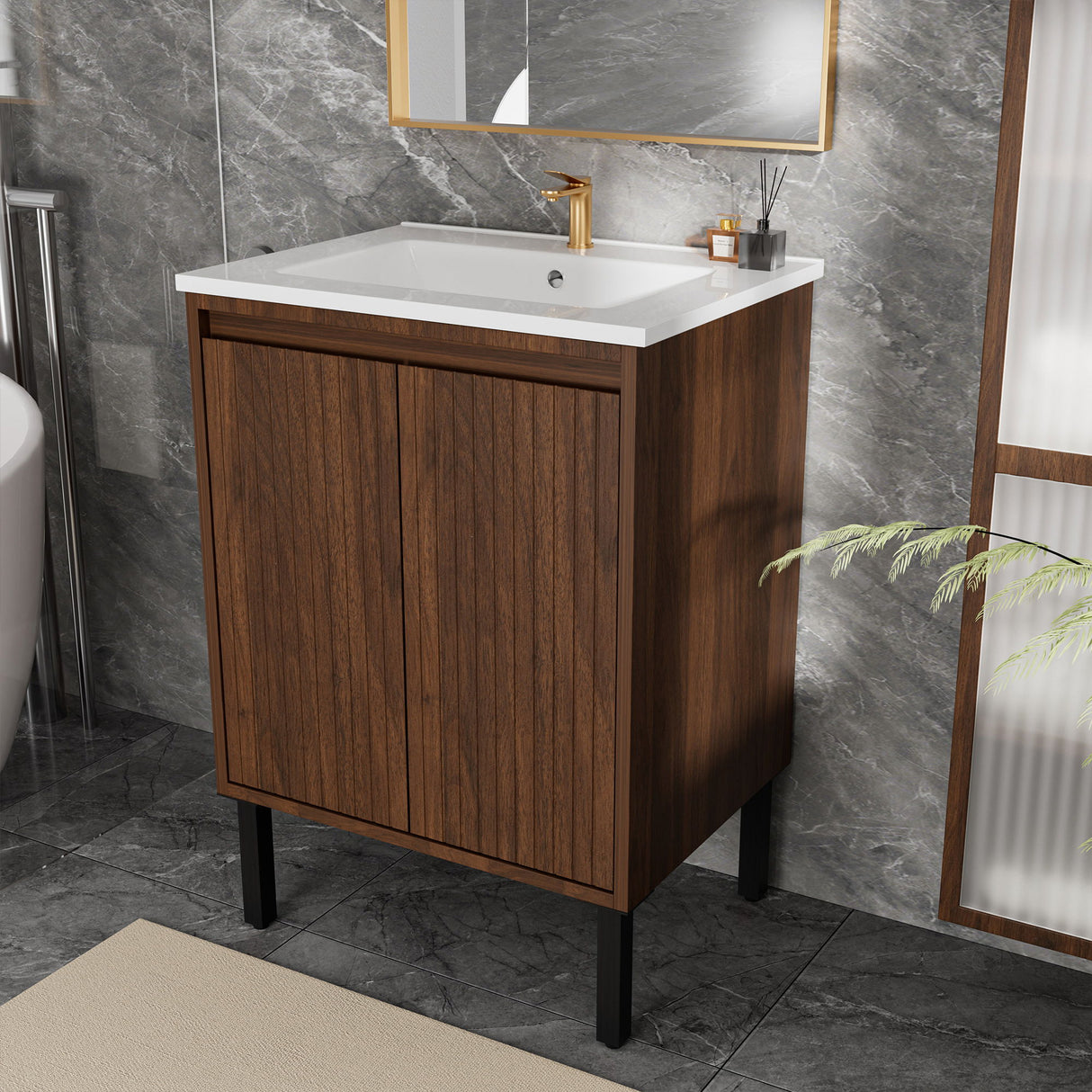 Bathroom Vanity With Ceramic Sink, Floor-Standing Design, Soft-Closing Drawers