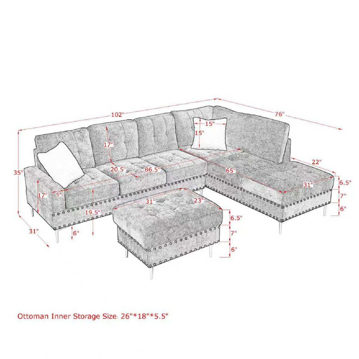 L-Shaped Sectional Sofa With Chaise And Storage Ottoman, Includes 2 Pillows - Black